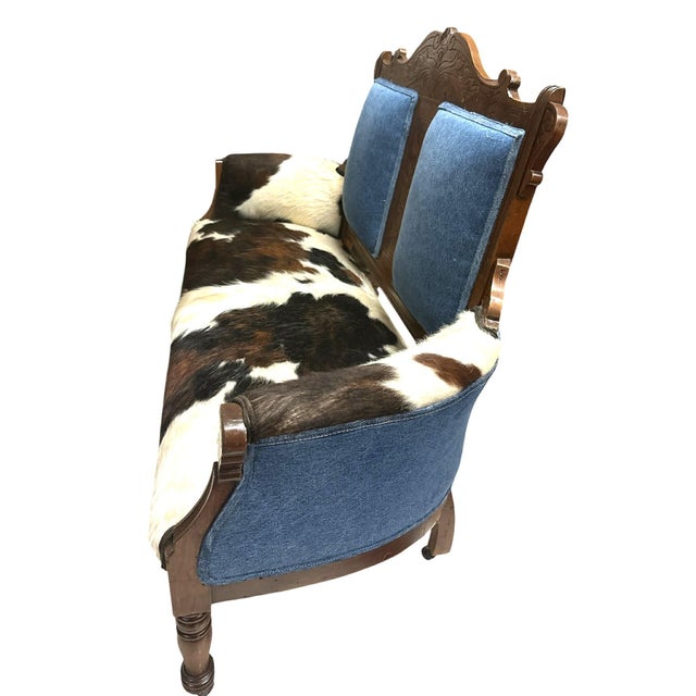 Late 19th Century 'Desperado Eastlake' 19th Century Settee Reupholstered in Cowhide and Denim 52" X 22" X 41" For Sale - Image 5 of 12
