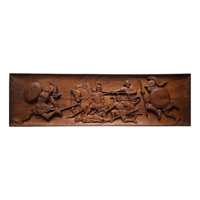 Large Hand-Carved Wooden Relief with The Walls of Troy Motif, Germany, 1956 For Sale
