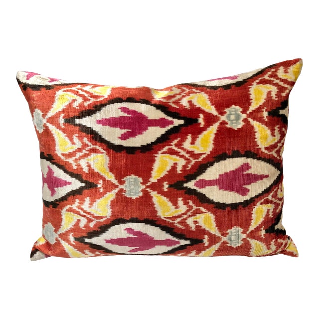 Magenta Gold Rust Silk Velvet Ikat Pillow For Sale