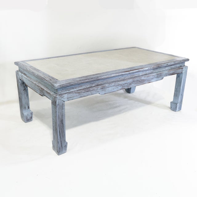 Vintage Swedish Blue-Grey Wash Wood Coffee Table With Ming Style Leg and Shagreen Top For Sale - Image 13 of 17