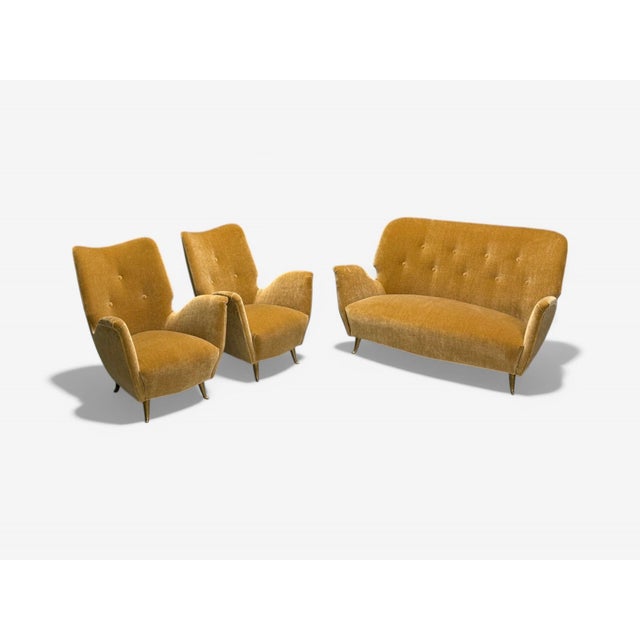 ISA Bergamo, Italian Mid-Century Modern, Bronze, Camel Mohair, Sofa Set, 1950s Modernist seating arrangement including a...
