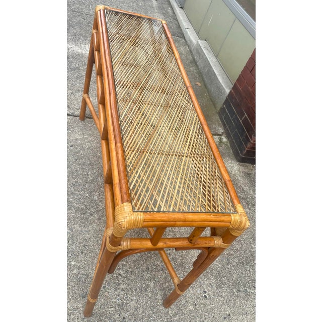 Late 20th Century Coastal Bamboo Sofa Console Table Server Rattan Glass Top For Sale - Image 6 of 12