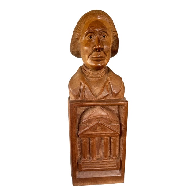 Life-Size Vintage Folk-Art Carved Wood Figurative Bust of Thomas Jefferson at University of Virginia Rotunda Sculpture For Sale