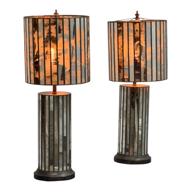 Ken Fulk Art Deco Inspired Antiqued Mirrored + Bronze-Tone Metal Table Lamps, Pair For Sale