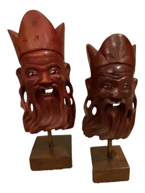 Hand Carved Wooden Masks on Wood Stand - a Pair