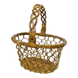 Small French Brass Woven Wire Oval Basket For Sale
