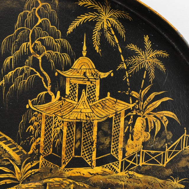 Vintage Black and Gold Chinoiserie Lacquerware Serving Tray For Sale - Image 10 of 14