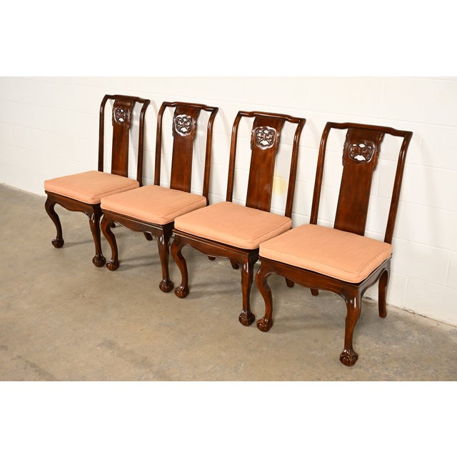 Drexel Heritage Hollywood Regency Chinoiserie Sculpted Mahogany Side Chairs or Dining Chairs, Pair For Sale - Image 13 of 15