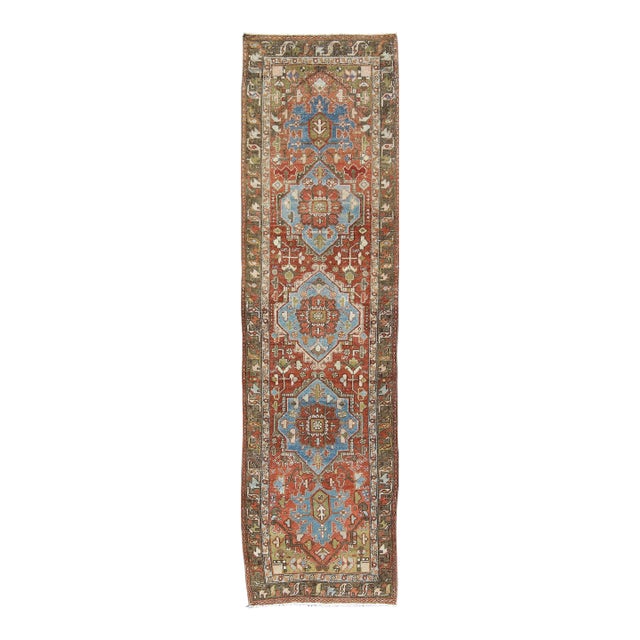 Antique Persian Heriz Runner With Geometric Medallion Design in Red, Olive, Blue 3'2"x11'7" For Sale