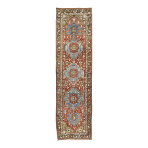 Antique Persian Heriz Runner With Geometric Medallion Design in Red, Olive, Blue 3'2"x11'7"