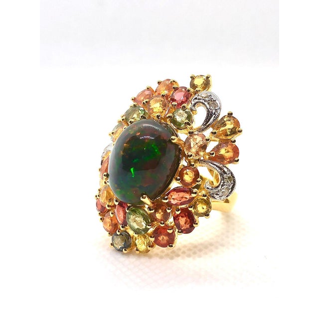 Bochic "Orient" Vintage Diamond, Sapphires & Black Opal Ring Set In 18K Gold & Silver For Sale - Image 11 of 18