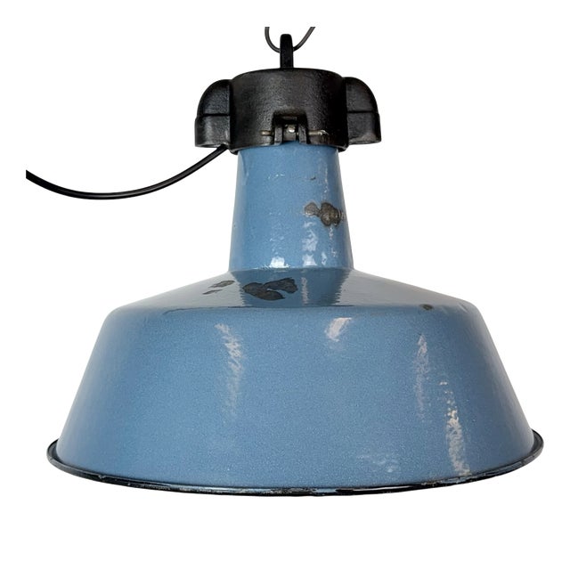 Industrial Blue Enamel Factory Lamp with Cast Iron Top, 1960s For Sale