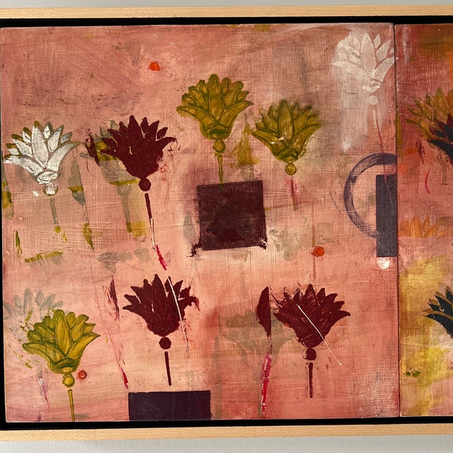 This is a painting on three panels (12 x 12" each) that are framed together. The flowers are plentiful within a mysterious...