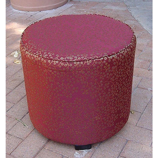 Moroccan fabric stool or ottoman, Moroccan pouf upholstered with a very nice red and gold fabric. Size: 18" H x 18''....