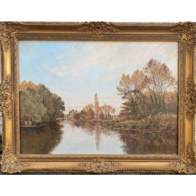 "Village Lake" 19th-Century Antique Framed European Landscape Painting For Sale - Image 9 of 9