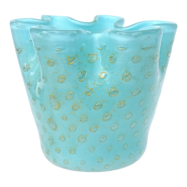 Murano Vintage Light Blue Bubbles Gold Flecks Italian Art Glass Decorative Ruffled Rim Fazzoletto Vase For Sale