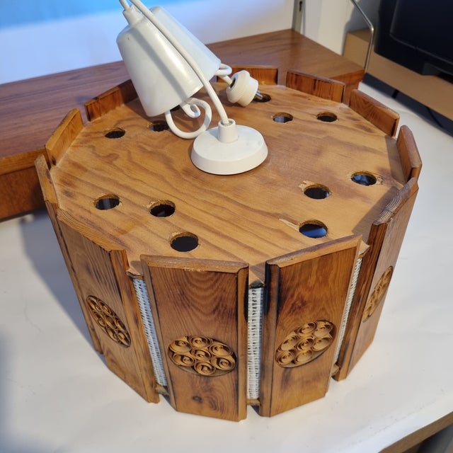 1970s 1970s Mid Century Modern Swedish Pine & White Hessian Pendant Lamp For Sale - Image 5 of 7