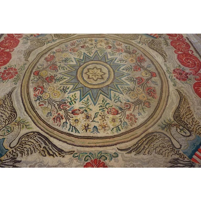 Magistral Tan Beige Color With Floral and Geometric Design Antique American Hooked Rug For Sale - Image 13 of 15