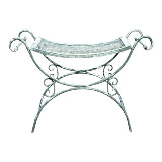 Vintage Wrought Iron Curule Mesh Bench Mid Century Green White Hollywood Regency For Sale