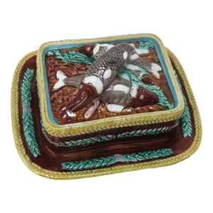 Antique Aesthetic Victorian Era Majolica Figurative Fish Handle Sardine Serving Box