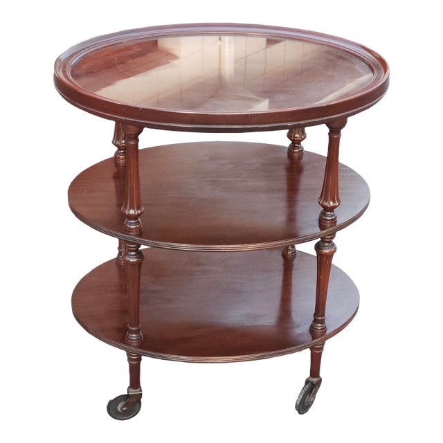 Early 20th Century Mahogany Oval Three-Tiered Rolling Bar Cart For Sale