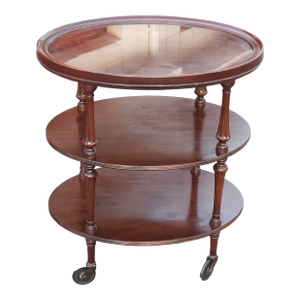 Early 20th Century Mahogany Oval Three-Tiered Rolling Bar Cart