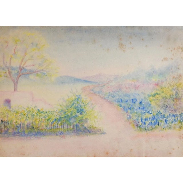 English Antique Plein Air Bluebonnet Garden Landscape Watercolor Painting For Sale - Image 3 of 3