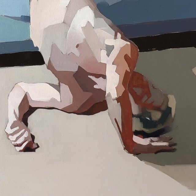 Contemporary Untitled II by Ale Casanova | Oil on canvas depicting a figure in a contorted pose on a couch. For Sale - Image 3 of 5
