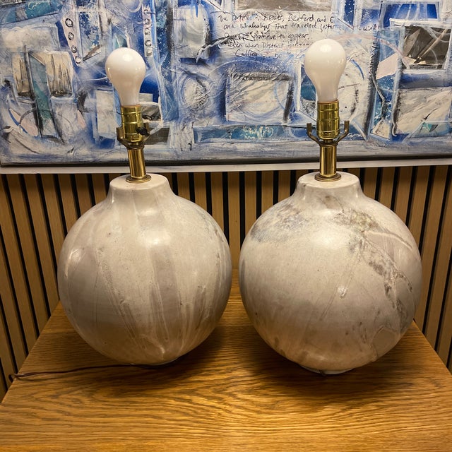 Late 20th Century Pair of Organic Modern Studio Ceramic Table Lamps With Matte Mineral Glaze For Sale In Nantucket - Image 6 of 12