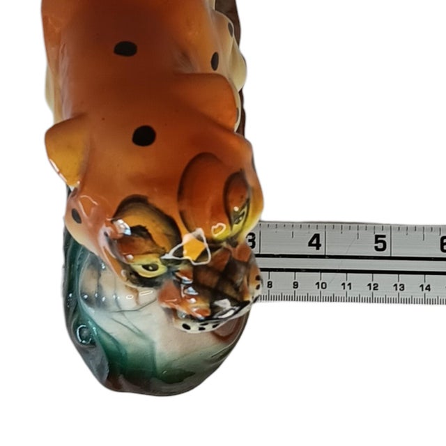 Vintage Ceramic Leopard Cheetah Statue Figurine on Green & Brown Base 12" X 3" X 6" Made in Japan For Sale - Image 16 of 17