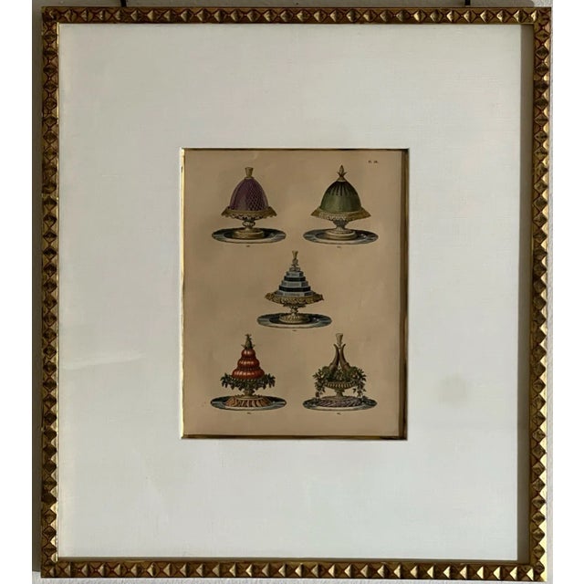 Gold Vintage 19th Century, Gilt Framed Color Urbain Dubois Engraving of Five Elaborate Dishes From La Cuisine Classique, Under Glass For Sale - Image 8 of 8