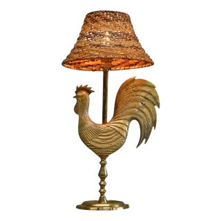 French Rooster Table Lamp in Brass and Rattan from Le Coq dOr, 1960s For Sale