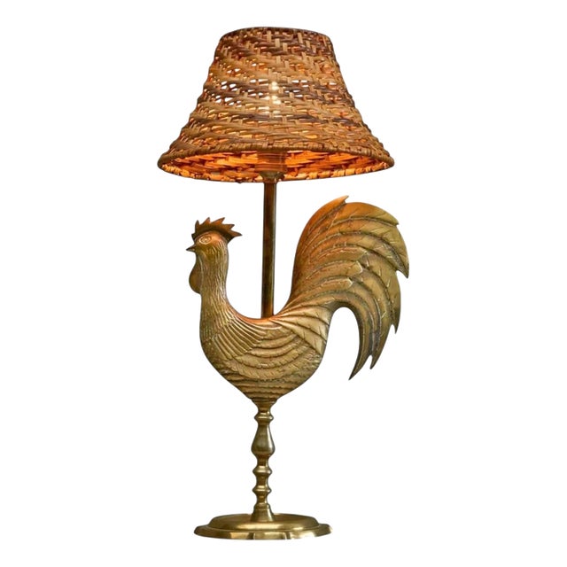 French Rooster Table Lamp in Brass and Rattan from Le Coq dOr, 1960s For Sale