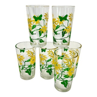 1980s Vintage Boho Chic Coastal Daisy and Butterfly Glasses - Set of 6 For Sale