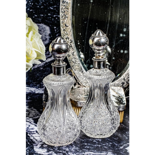 Victorian Brilliant Large Pair Crystal Scent Perfume Bottles Silver Stoppers Antique Victorian Vanity Dresser For Sale - Image 3 of 17