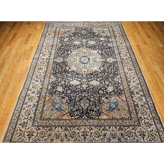 Navy Blue Vintage Persian Nain Area Rug, Hand-Knotted Wool & Silk, Floral Pattern, 9x13, Navy & Ivory For Sale - Image 8 of 18
