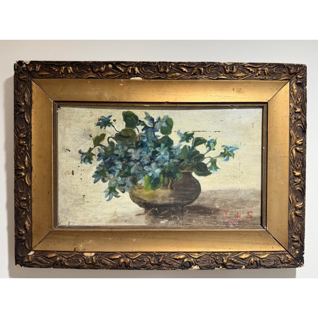 Textile Antique Liverleaf Flower Oil Painting For Sale - Image 7 of 11