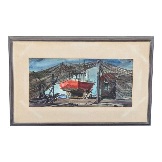 1960 Framed Richard v. Ellery Boatyard Watercolor Painting Titled “Jolly Roger For Sale