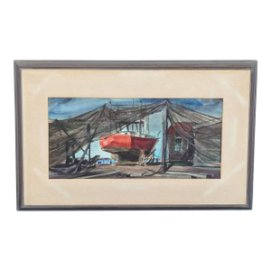 1960 Framed Richard v. Ellery Boatyard Watercolor Painting Titled “Jolly Roger