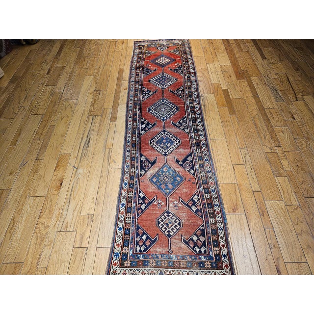 Red Antique Persian Kurdish Bidjar Runner Rug, Hand-Knotted Wool, Geometric Pattern, Terracotta & Navy, 3x13 For Sale - Image 8 of 17