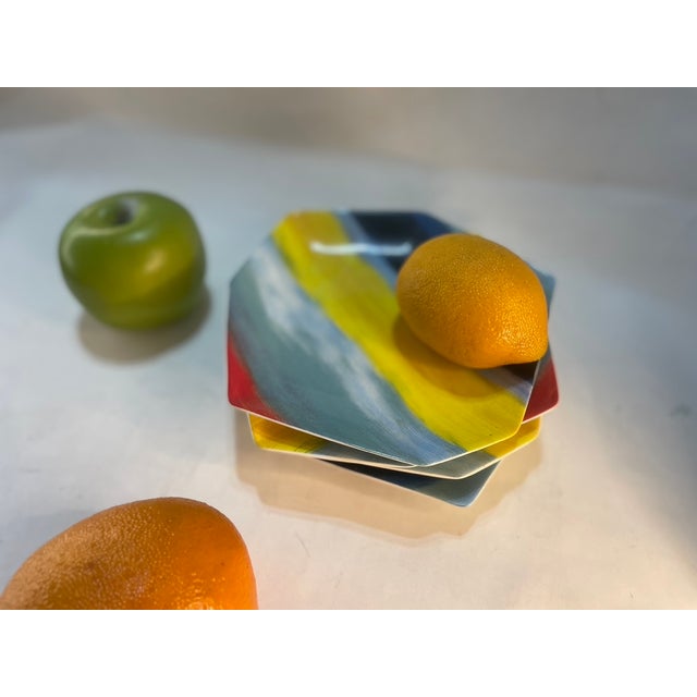 1990s 1990s Diane Von Furstenberg Hexagonal "Power Stripe" Dessert Plates - Set of 4 For Sale - Image 5 of 6