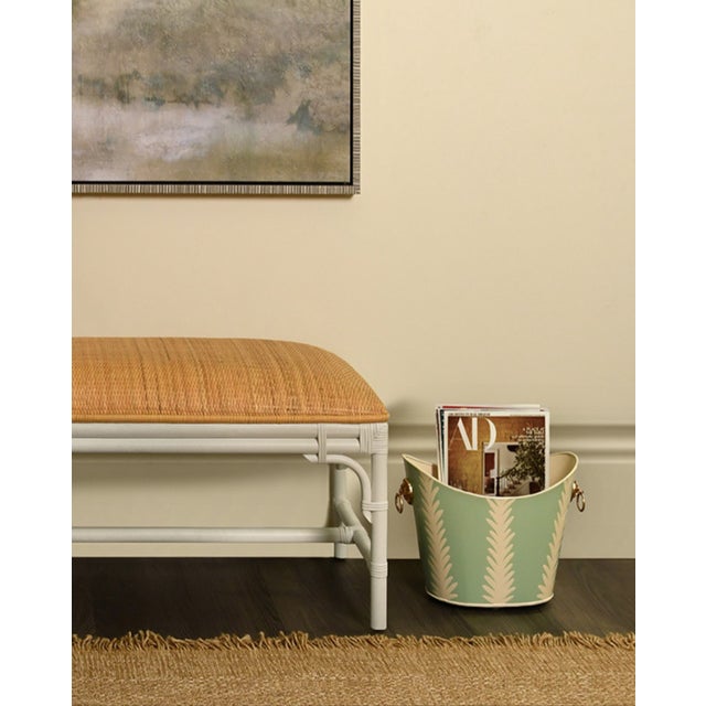 Worlds Away Matthew Izzo Home Wastebasket Handpainted Oval Light Green Frond Design For Sale - Image 4 of 4