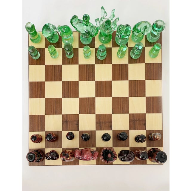 Glass Late 20th Century Art Glass Murano Attributed Chess Set and Inlaid Wood Board For Sale - Image 7 of 7