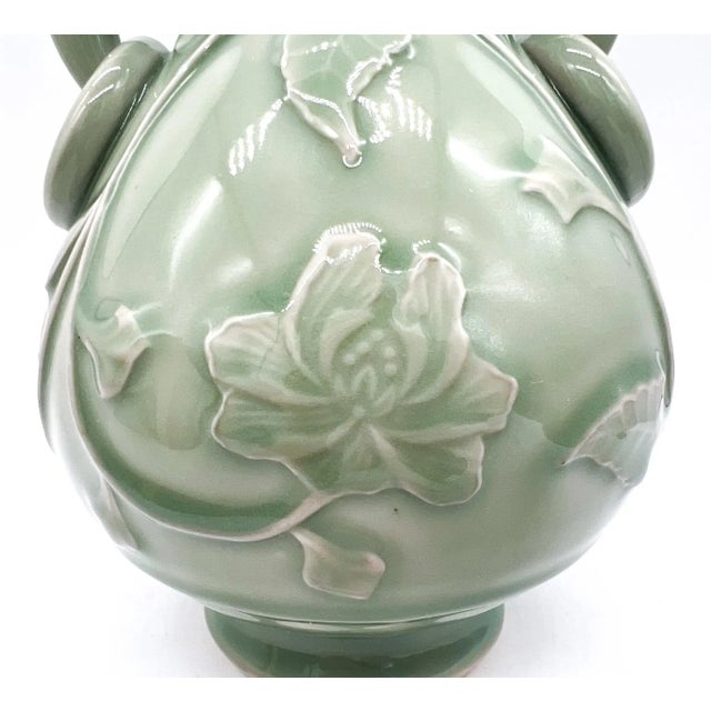 Mid-Century Chinese Celadon Vase With Floral Relief & Dual Handles – Asian Revival / Chinoiserie / Traditional Elegance For Sale - Image 10 of 12