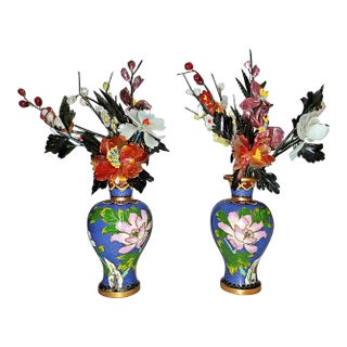 1950s Jade Floral Arrangement in Cloisonne' Vase, a Pair For Sale