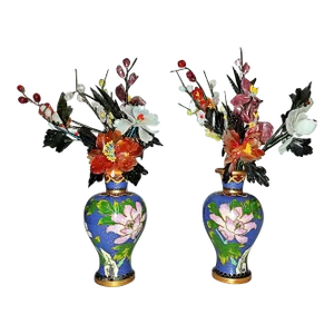 1950s Jade Floral Arrangement in Cloisonne' Vase, a Pair