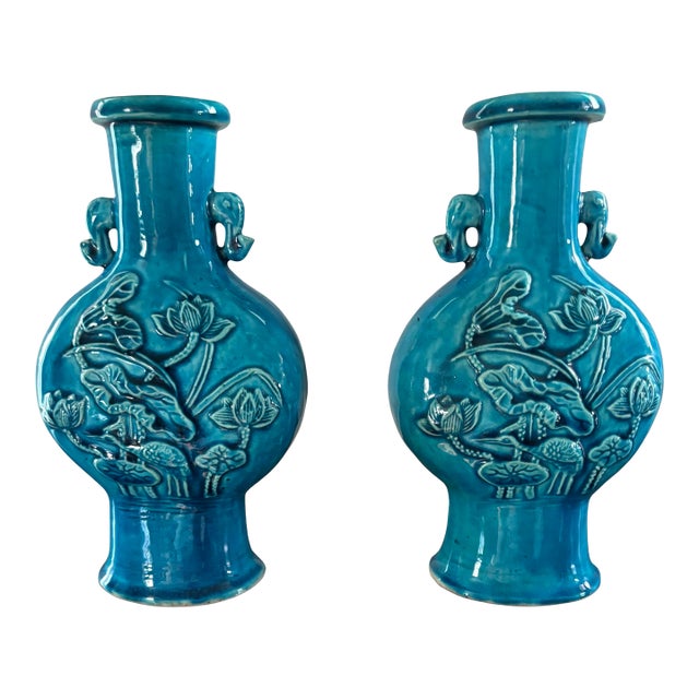 Pair Vintage Chinese Turquoise Glazed Vases, 8.5” High For Sale