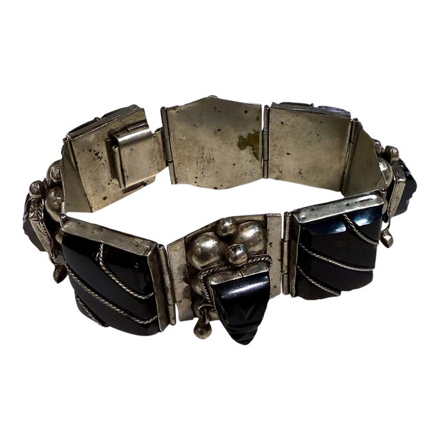 1950s Taxco Onyx Sterling Silver Link Bracelet Mexico For Sale
