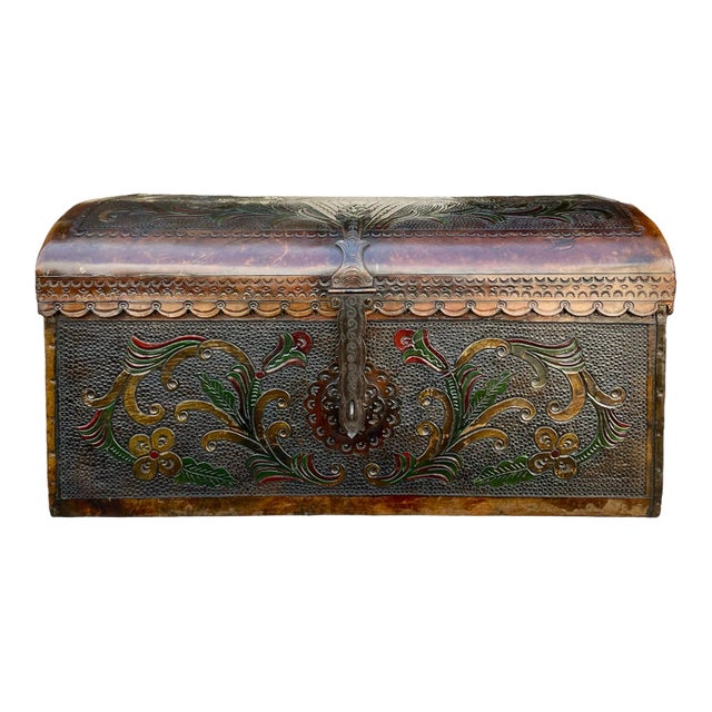 1950s Vintage Italian Tooled and Painted Leather Trunk | Chairish