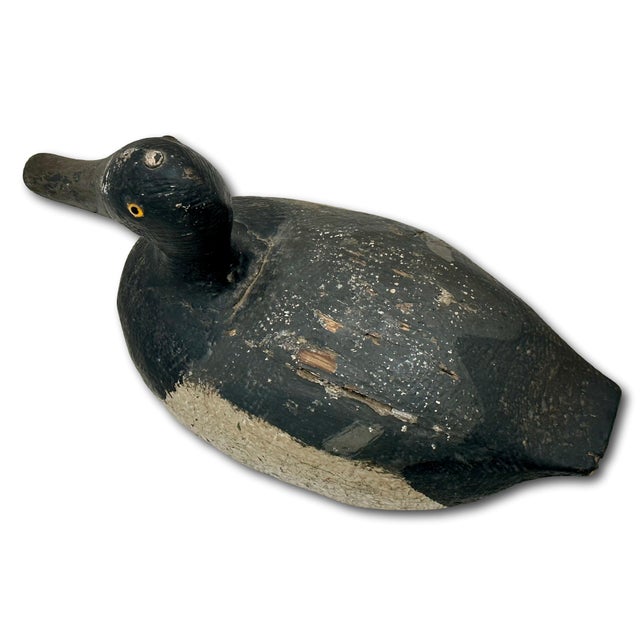 Very Nice Large Size Antique American Hand Carved & Painted Wood Duck Hunters Working Decoy With Glass Eyes For Sale - Image 14 of 18